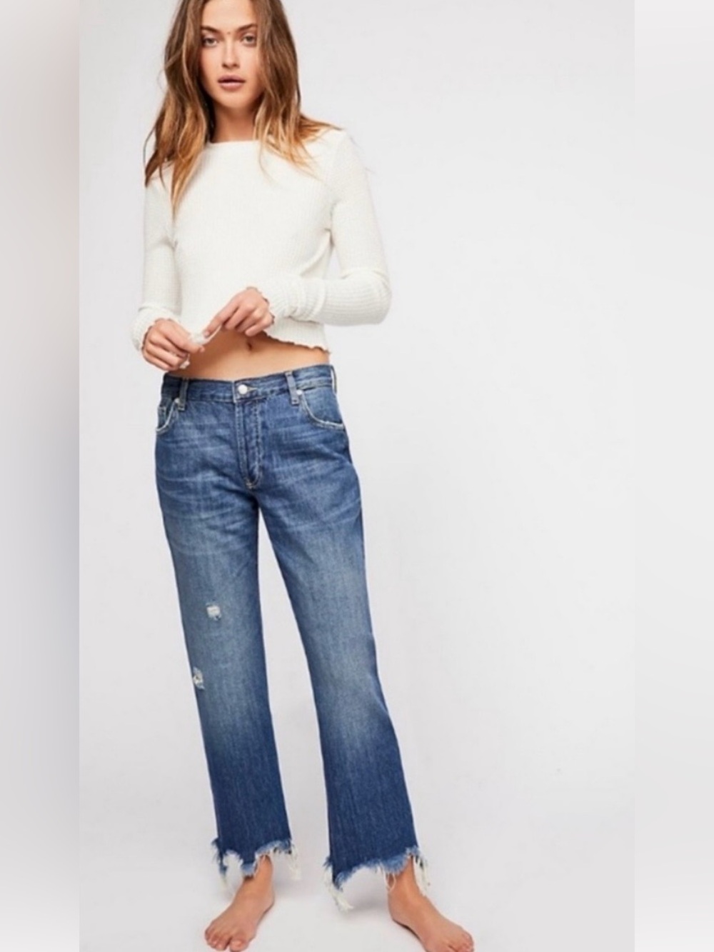 We The Free Maggie Mid-Rise Distressed Straight Leg In a Medium Wash